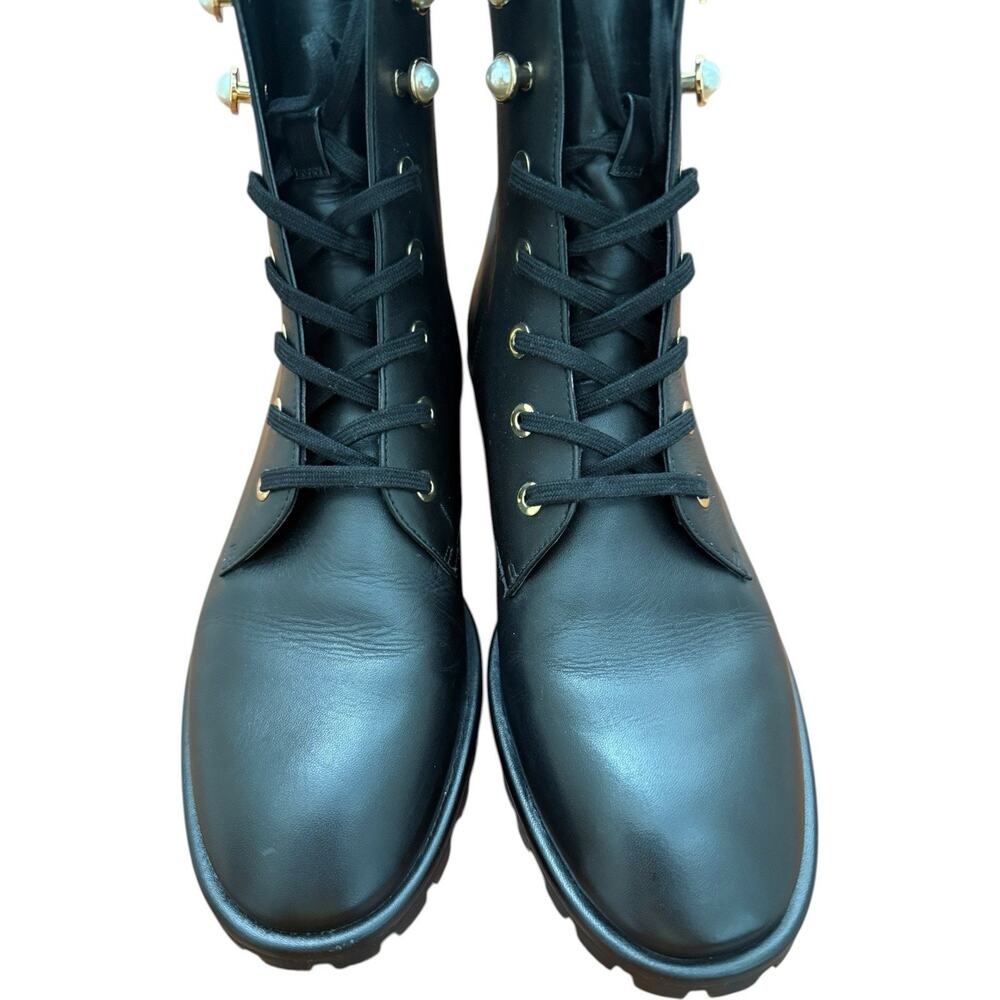 Stuart Weitzman Laine Pearl Leather Combat Boot In Black Size 8 - Picture 4 of 13